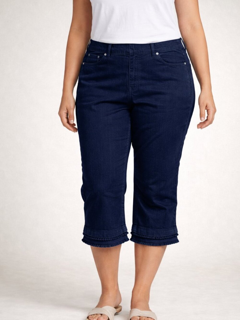 Denim & Co. Pull-On Dark Wash Stretch Capri Jeans Pom Trim Petite 6P